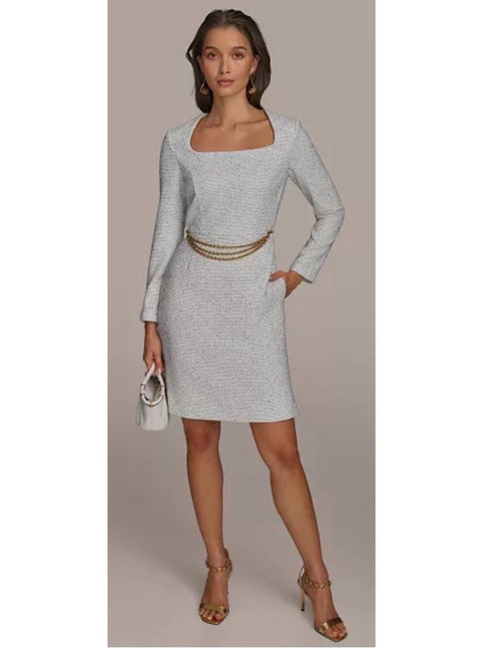 Donna Karan Women’s Square-Neck Chain-Trim Tweed Dress Size 16